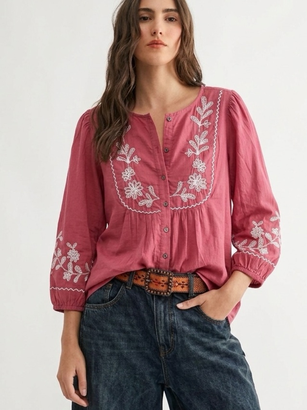 Embroidered Button-Front Blouse in Rose Pink Boho Festival Cottagecore NWT